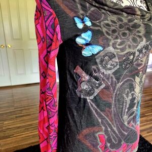 Desigual Black and Pink Long Sleeve Top with Blue Accents
